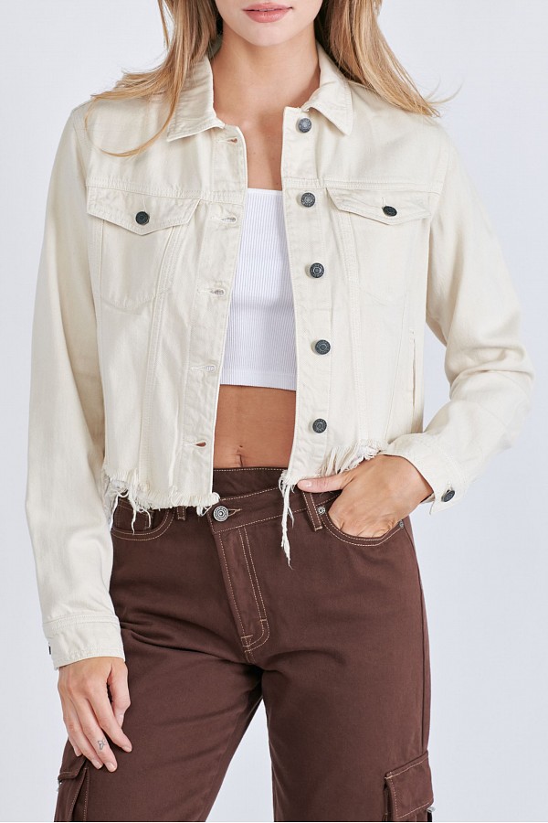 Cream Colored Cropped Frayed Fitted Jacket